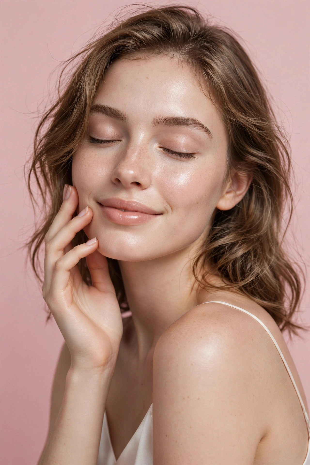 Portrait d'une jeune femme à la peau lumineuse, maquillage naturel, sur fond rose poudré